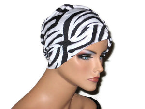 Handmade Black Chemo Turban, White, Draped, Zebra Pattern - Couture Service  - 3
