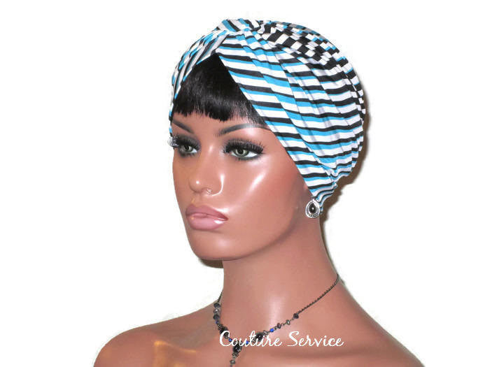 Handmade Blue Turban, Banded Single Knot, Diagonal Striped - Couture Service  - 1