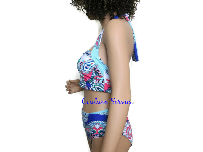 Handmade Blue Paisley Print Bikini Swimwear