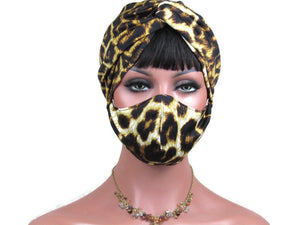 Handmade Gold & Black Twist Turban & Full Face Mask, Animal Print