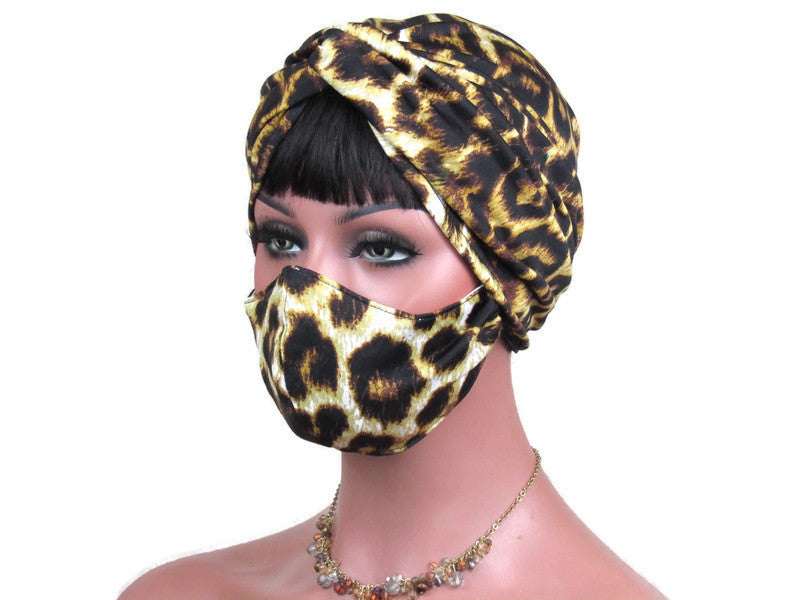 Handmade Gold & Black Twist Turban & Full Face Mask, Animal Print