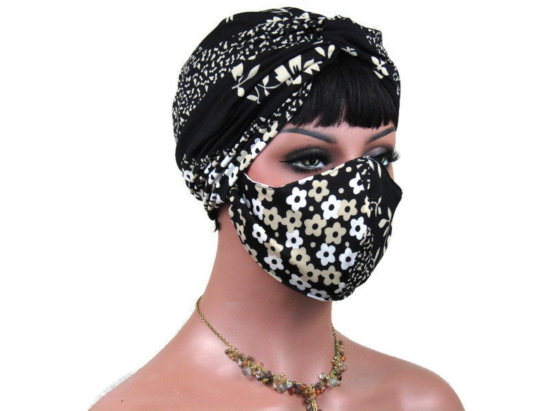 Handmade Black & Tan Twist Turban, and Full Face Mask Set