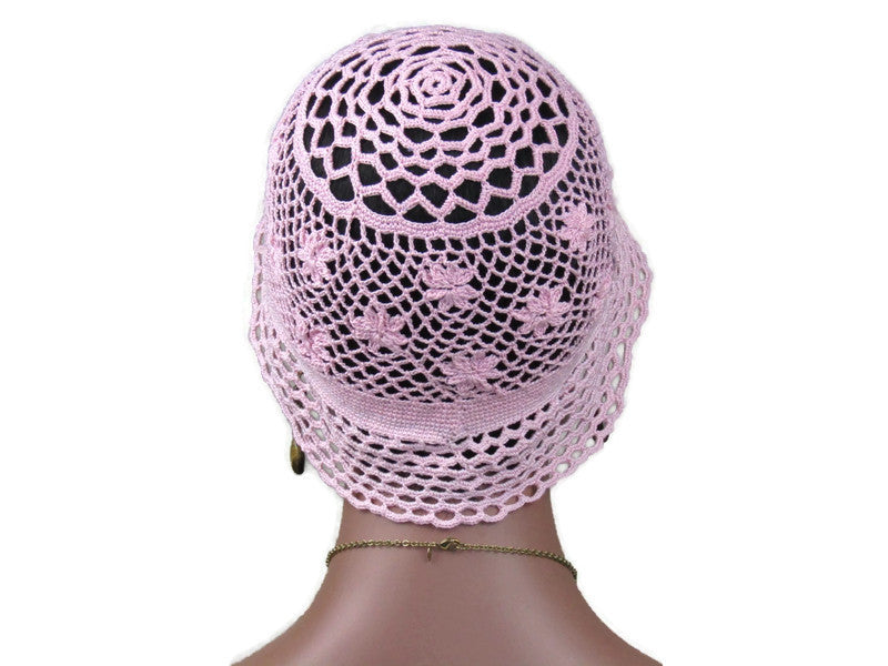 Handmade Crocheted Lace Brimmed Hat, Pink