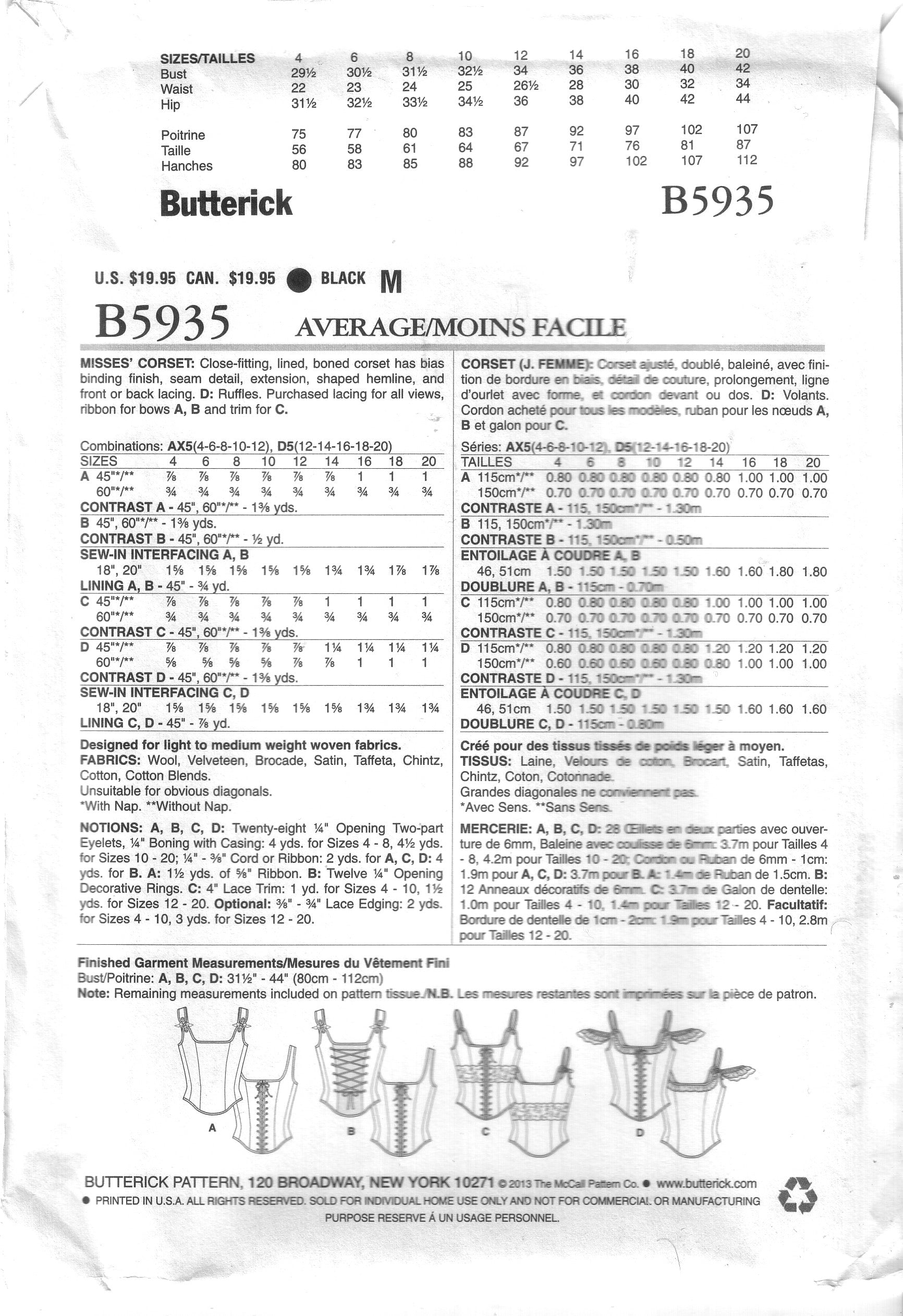 Butterick 5935 Misses Corset Pattern