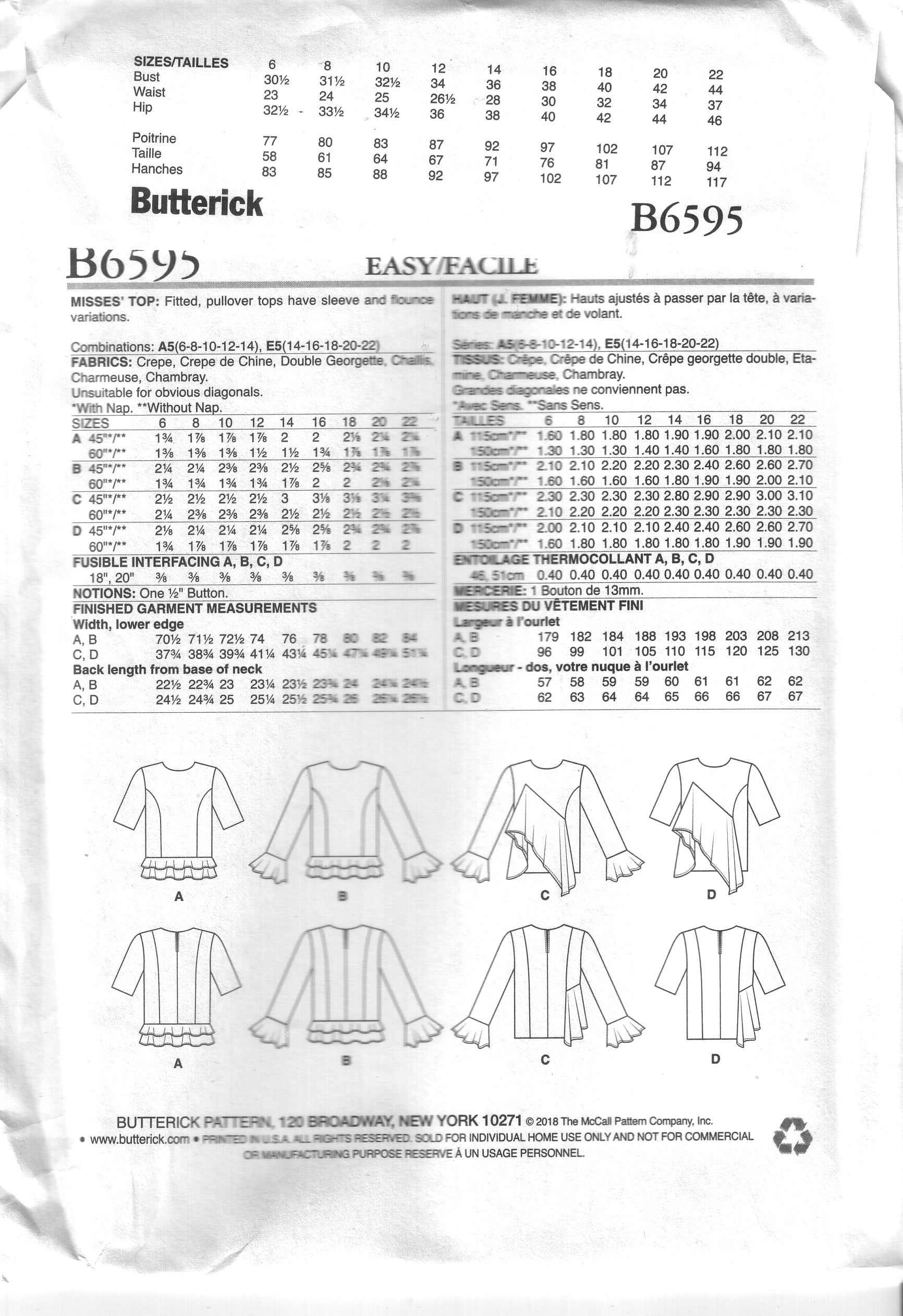 Butterick 6595 Misses Top Pattern