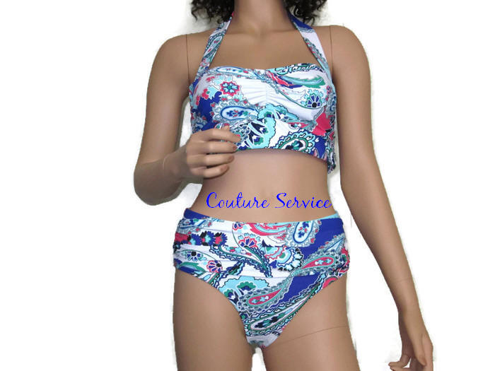 Handmade Blue Paisley Print Bikini Swimwear